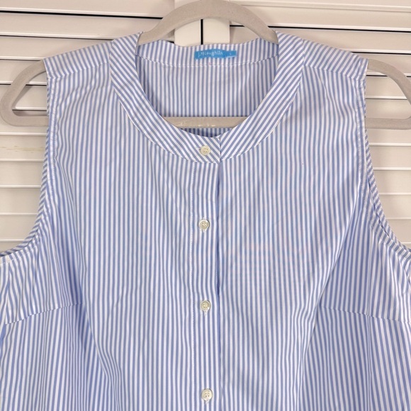 J. McLaughlin Sleeveless Blue White Stripe Blouse Button Down Peplum Hem - Picture 3 of 6